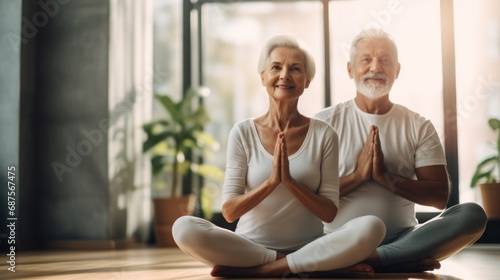 active elderly couple perform yoga together, practicing meditate, balance, recreation, relaxation, calm, good health, happy, relax, healthy lifestyle, reduce stress