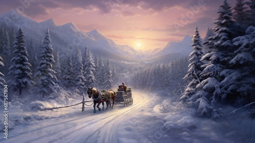 A winter wonderland with a horse-drawn sleigh gliding through a snow-covered landscape © Zabi 