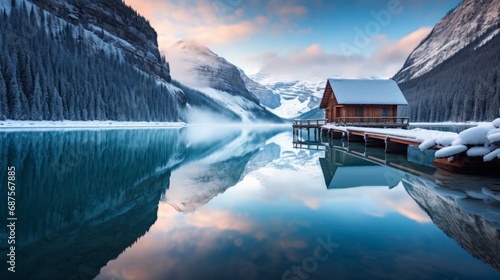 Generative AI image of Stunning blue hour shot of a boat house on a crystal clear winter morning at Lake Louise