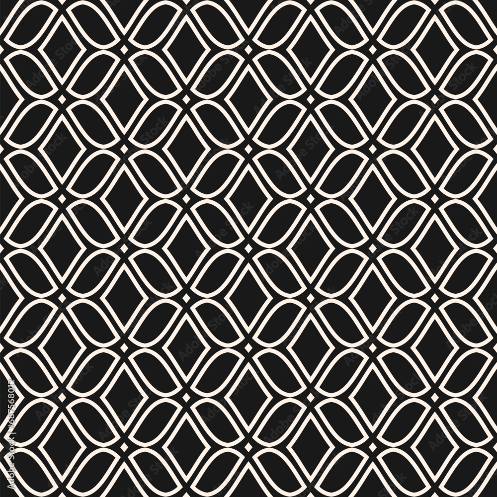 Seamless geometric pattern with thin curved lines in black and white. Elegant minimal oriental arabesque lattice design. Modern vector mesh background texture. Simple repeat ornament for decor, print Seamless geometric pattern with thin curved lines in black and white. Elegant minimal oriental arabesque lattice design. Modern vector mesh background texture. Simple repeat ornament for decor, print