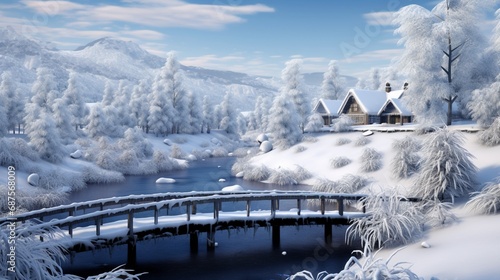 A winter wonderland with a snow-covered bridge over a frozen river © rojar deved