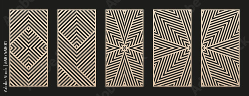 Decorative stencil for laser, CNC cut. Set of vector abstract geometric patterns with lines, stripes, lattice, linear grid. Modern template for cutting of wood, metal, plastic, paper. Aspect ratio 1:2