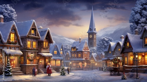 A cozy winter scene with a quaint village square adorned with twinkling holiday lights