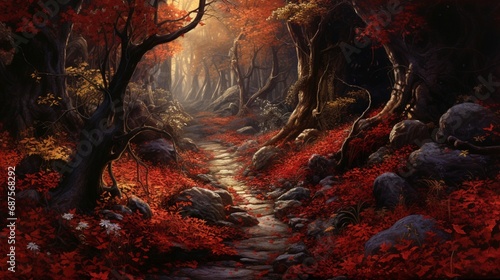 An autumn forest with a carpet of fallen leaves in rich shades of red and gold