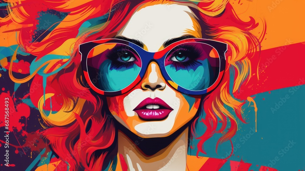 Colorful Pop Art Portrait of Woman with Sunglasses