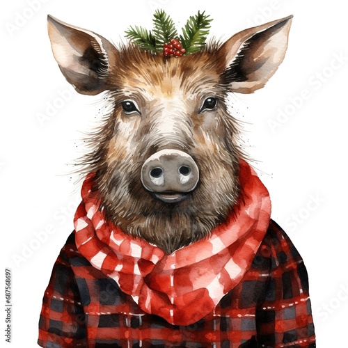 Generative AI, cute wild boar animal, Christmas hat and ugly sweaters, watercolor style.