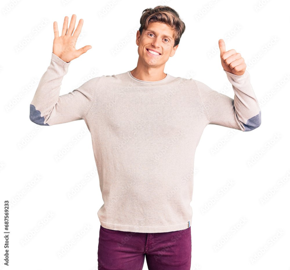 Young handsome man wearing casual clothes showing and pointing up with fingers number six while smiling confident and happy. Young handsome man wearing casual clothes showing and pointing up with fingers number six while smiling confident and happy.