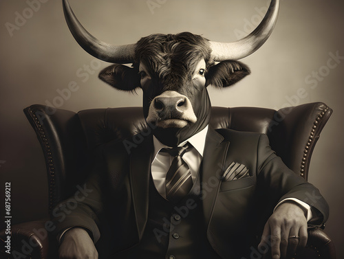 The Bull of Wall Street: A powerful bull in a suit commands attention, embodying the strength and determination of the financial world.