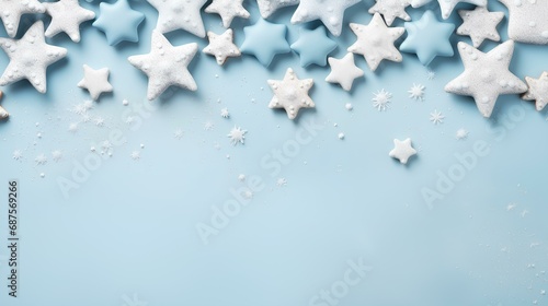 Snowflake  star  cookies shapes on soft blue background. copy space  banner. generative AI