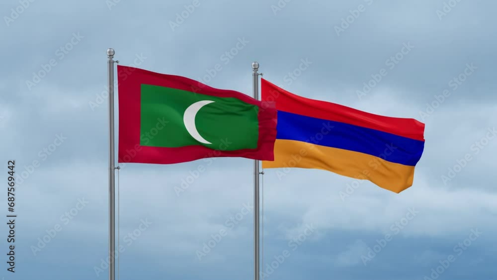Armenia and Maldives flag waving together on cloudy sky, endless seamless loop, two country cooperation concept Armenia and Maldives flag waving together on cloudy sky, endless seamless loop, two country cooperation concept