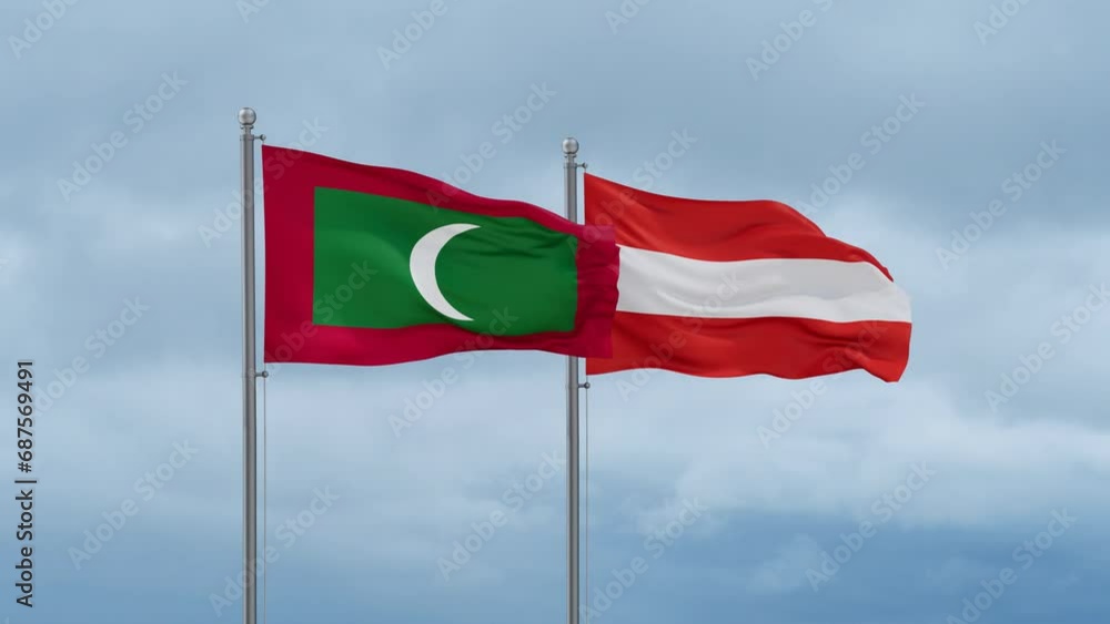 Austria flag and Maldives flag waving together on cloudy sky, endless seamless loop, two country relations concept Austria flag and Maldives flag waving together on cloudy sky, endless seamless loop, two country relations concept