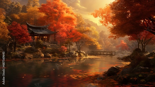 An autumn scene with a tranquil pond surrounded by fiery foliage