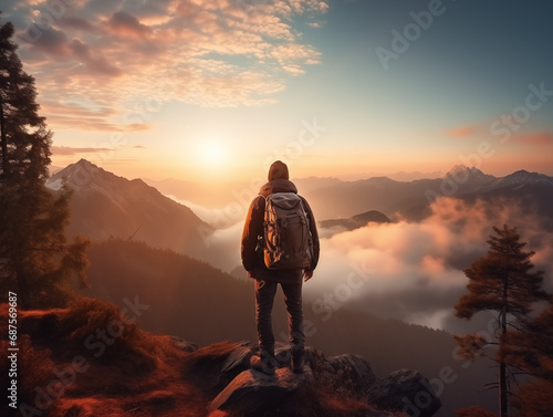 Anonymous young man traveler with backpack, amazing landscape with mountains and sunset sky, atmosphere is good with fog