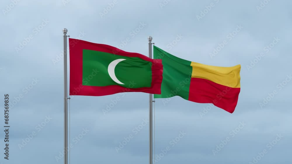 Maldives flag and Benin flag waving together on cloudy sky, endless seamless loop Maldives flag and Benin flag waving together on cloudy sky, endless seamless loop