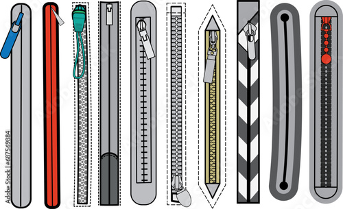 Zip fastener with Zipper puller flat sketch vector illustrator. Set of water proof invisible Zip pocket types for Shorts, Pants, dress garments, bags, jackets Clothing and Accessories photo