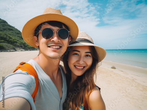 Asian couple with hat taking a selfies at the beach, traveling, summer, sky and sea, south east asia