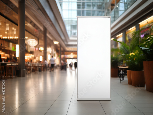 roll up stand in an shopping center or mall environment as wide banner design with blank empty copy space area Generative AI