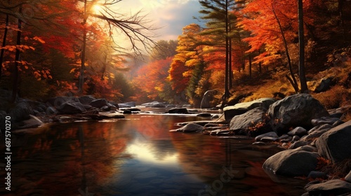 An autumn scene with a winding river reflecting the fiery hues of the surrounding foliage
