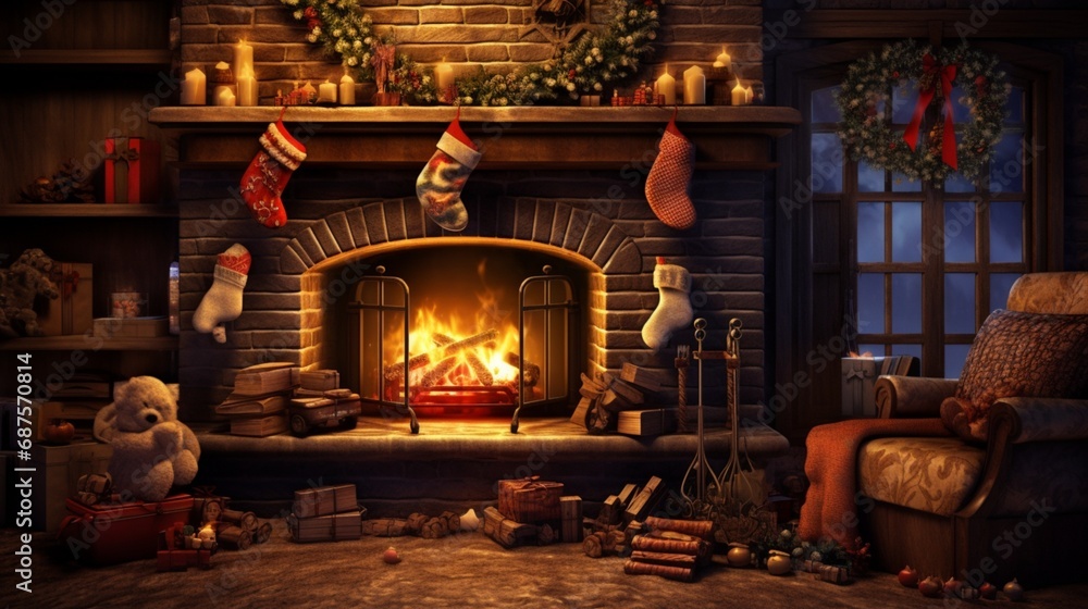A cozy winter scene with a roaring fireplace and stockings hung by the chimney
