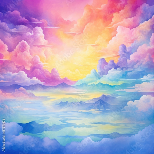 Fantasy watercolor abstract pastel colored rainbow sky and clouds