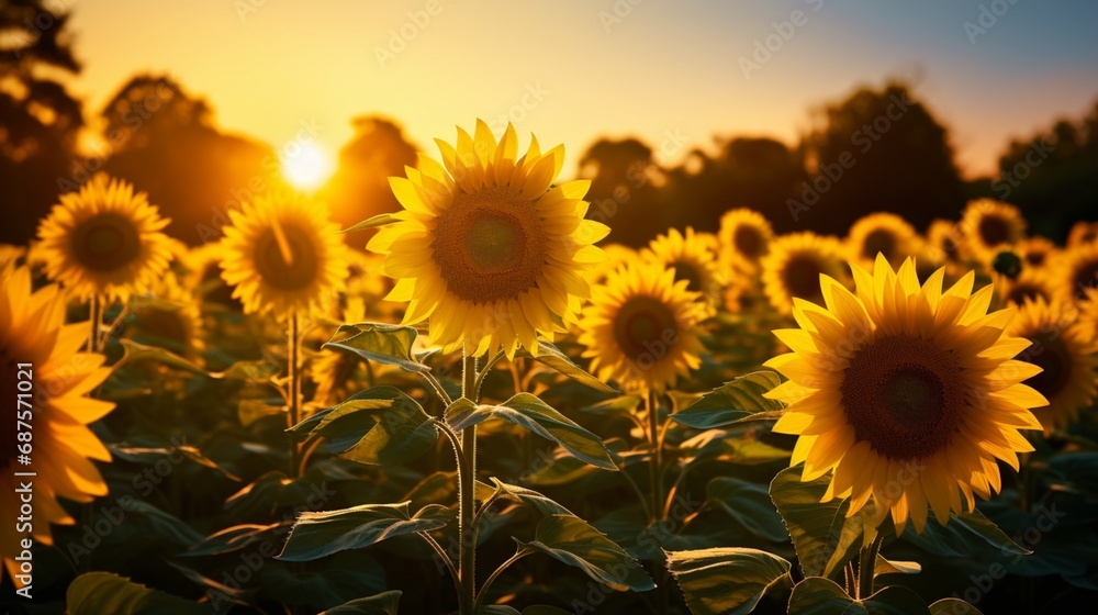 A field of sunflowers basking in the golden light of a late summer afternoon