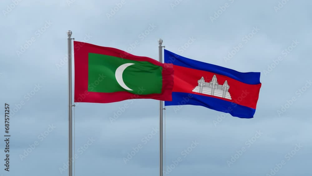 Cambodia flag and Maldives flag waving together on cloudy sky, endless seamless loop, two country relations concept Cambodia flag and Maldives flag waving together on cloudy sky, endless seamless loop, two country relations concept
