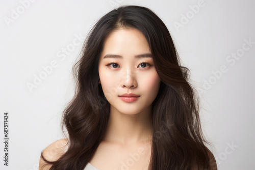 Positive asian woman portrait. Young female model with dark hair looking at camera