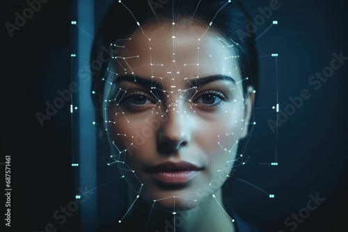 Front view portrait of attractive beautiful woman with scanning grid on her face against abstract background. Digital system for face id. Concept of security and facial recognition photo