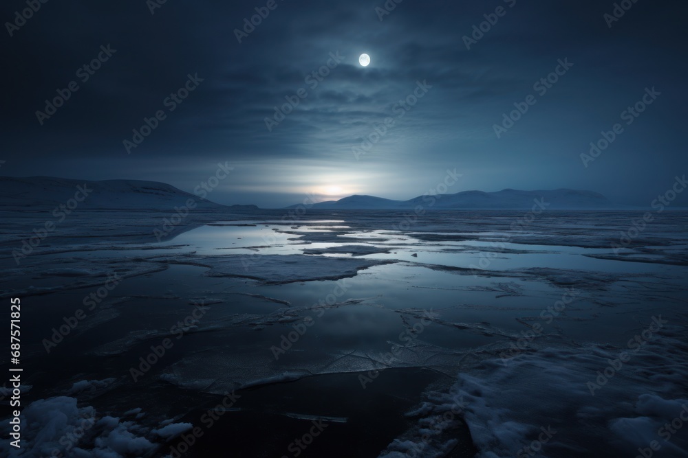 The smooth and shiny surface of a frozen lake reflecting moonlight