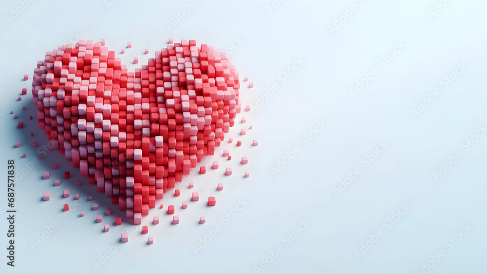 A red heart formed from little red cubes. Romantic Valentine’s Day Background. Creative and Festive Banner.