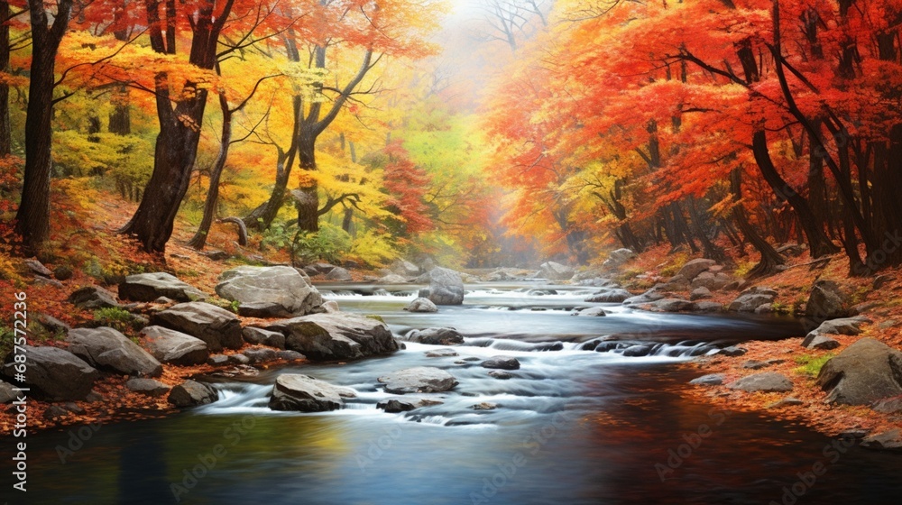 A picturesque autumn scene with a winding river framed by colorful foliage