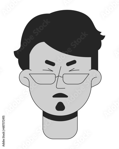 Arab eyeglasses man wincing in pain black and white 2D vector avatar illustration. Beard middle eastern male outline cartoon character face isolated. Suffering frowning guy flat user profile image