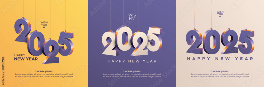 Happy new year 2025 square template with 3D hanging number. Greeting concept for 2025 new year celebration Happy new year 2025 square template with 3D hanging number. Greeting concept for 2025 new year celebration