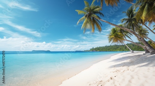 A sandy beach with palm trees and turquoise waters  evoking a perfect summer day