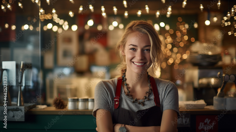 Happy, smiling young blonde girl working as a waitress wearing an apron in a festive café during the Christmas season