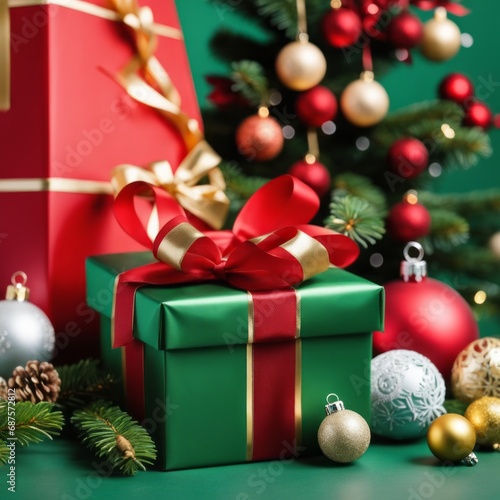 Red gift box with golden ribbons on holiday background with twinkle bokeh light.