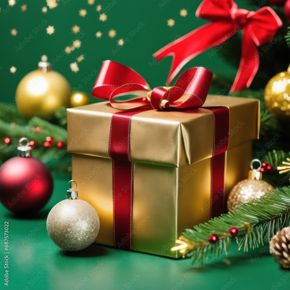 Red gift box with golden ribbons on holiday background with twinkle bokeh light. Red gift box with golden ribbons on holiday background with twinkle bokeh light.