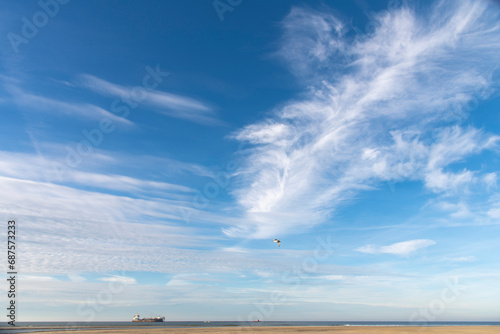 Cloudscape of a blue sky with feather clouds off the coast in the Netherlands with one ship offshore and one bird flying above a thin sliver of beach