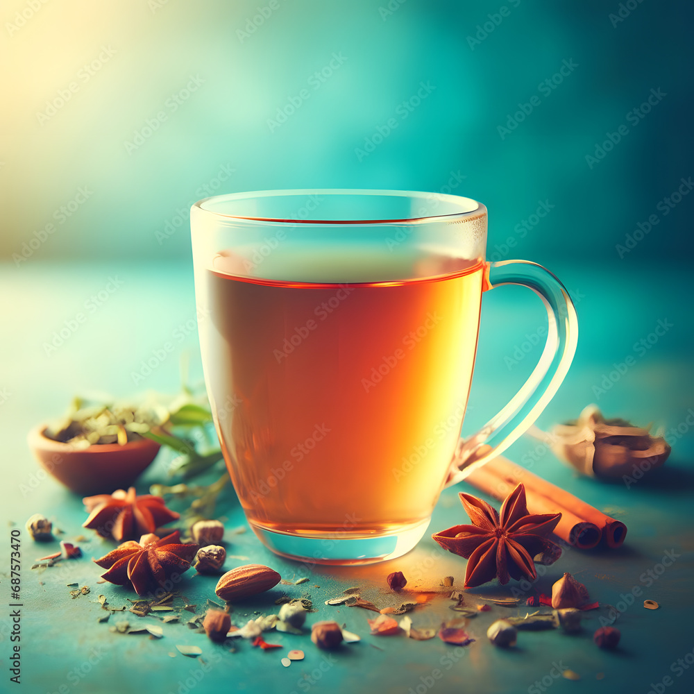 Steaming hot tea in a clear glass with loose leaves and soft bokeh lights on a serene blue background. Steaming hot tea in a clear glass with loose leaves and soft bokeh lights on a serene blue background.