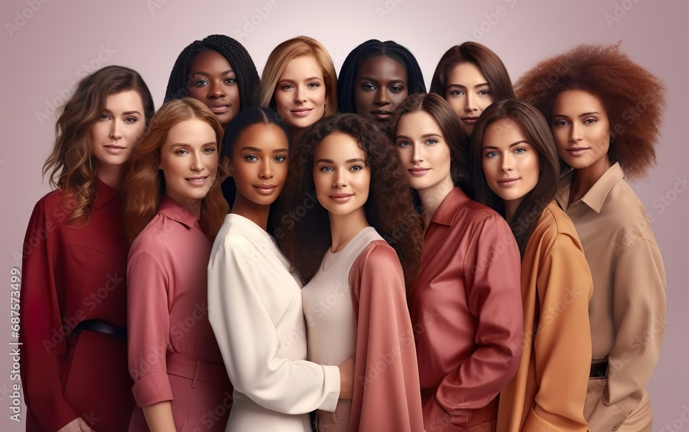 International women day poster with crowd of different confident women standing on pink background, diversity concept, women support each other. Collective picture, community concept. AI Generative International women day poster with crowd of different confident women standing on pink background, diversity concept, women support each other. Collective picture, community concept. AI Generative