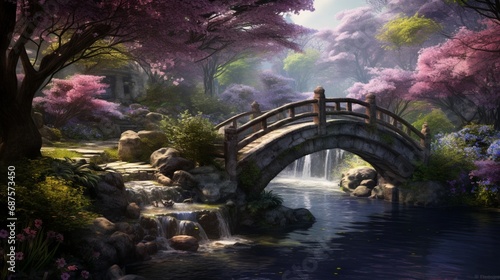 A serene springtime scene with a babbling brook and a bridge adorned with wisteria © rojar deved