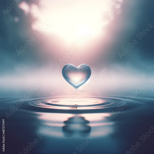 Glass crystal shaped heart floating above rippling water photo
