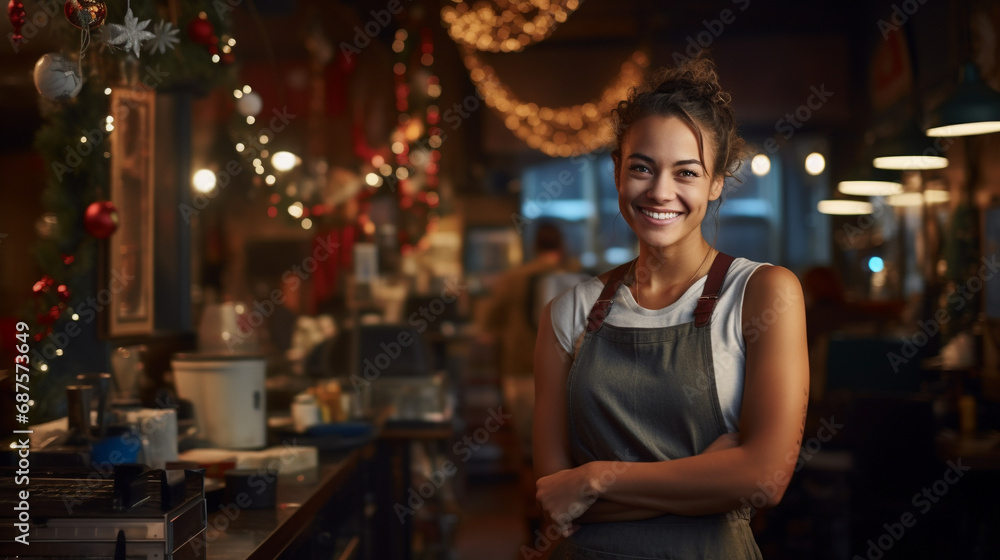 Cheerful, smiling, young, brown-haired girl working as a waitress and wearing a grey apron in a festive café with Christmas lights during the Christmas season Cheerful, smiling, young, brown-haired girl working as a waitress and wearing a grey apron in a festive café with Christmas lights during the Christmas season