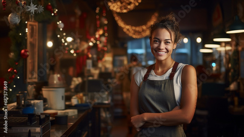 Cheerful  smiling  young  brown-haired girl working as a waitress and wearing a grey apron in a festive caf   with Christmas lights during the Christmas season
