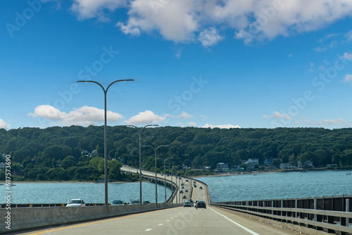 Drivers’ perspective view over the road of the I-287 leaving the twin cable-stayed Tappan Zee Bridge, officially named Governor Mario M. Cuomo Bridge over Hudson River, Tarrytown, NY, USA