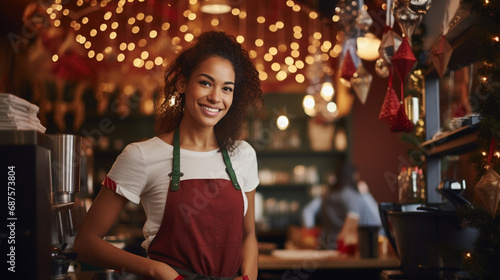 Cheerful, smiling, young, black-haired African American girl working as a waitress and wearing a grey apron in a festive café with Christmas lights during the Christmas season