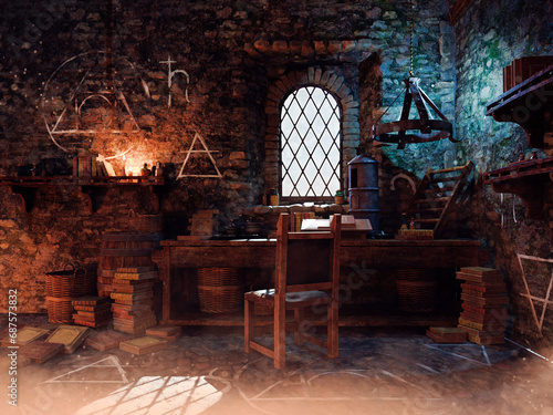 Fantasy medieval alchemist's chamber, with a table and chair, books, alchemical symbols and papers. photo