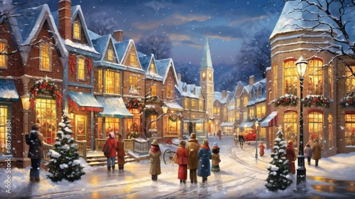 A snowy village square with quaint shops and bustling holiday shoppers