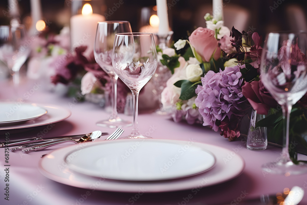 Tables set for event party or wedding reception.  - obrazy, fototapety, plakaty 