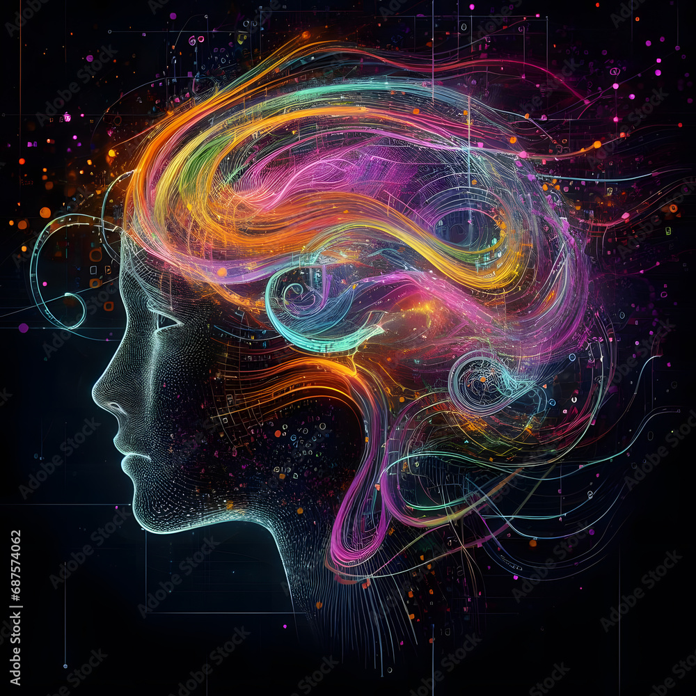 Abstract digital brain with colorful swirls representing creativity and artificial intelligence on a dark background with circuit lines. Abstract digital brain with colorful swirls representing creativity and artificial intelligence on a dark background with circuit lines.